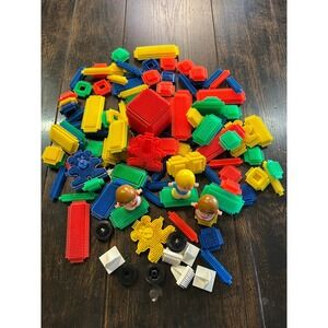 Vintage Bristle Blocks Building Toy Set Lot with Figures Wheels and Travel Bag